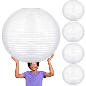 5 count 30 Inch White Paper Lanterns White Chinese Moon Paper Round Lamp  Hanging Lantern for Wedding Bridal Shower Decoration Anniversary Birthday Party Supplies