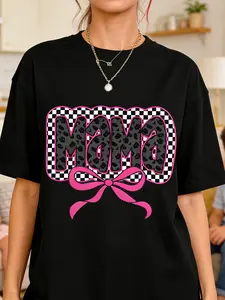 Women's & Men's (Sizes S-2XL) Mama T-Shirt - Pink Bow & Checkered Print MAMA Lettering, Stretch Fabric Round Neck Short Sleeve Top - Mother's Day, Christmas Gift for Mom, Grandma, Nanny - Casual All-Season Shirt