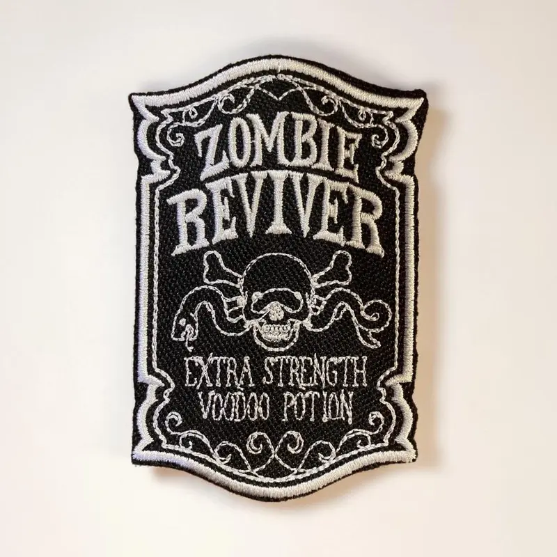 Zombie Reviver Patch - Extra Strength Voodoo Potion Embroidery Sew On or Iron On Vintage Apothecary Design for Halloween Costumes Durable Fabric Versatile Backing Options 3.86" x 2.6" 6.85" x 4.57" 8.78" x 5.87"