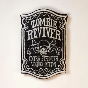 Zombie Reviver Patch - Extra Strength Voodoo Potion Embroidery Sew On or Iron On Vintage Apothecary Design for Halloween Costumes Durable Fabric Versatile Backing Options 3.86" x 2.6" 6.85" x 4.57" 8.78" x 5.87"