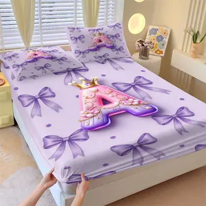 3Pcs Crown Bow Fitted Sheet Set, 3D Alphabet Printed Design Bedding Set, Comfortable and Durable Microfiber Bed Sheets, Decorative Bedsheet Sets, Kawaii Bedroom Decorating Set, Girl's Holiday Gift, Filler Not Included