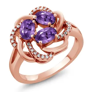 Gem Stone King Flower Blossom Gemstone Birthstone Ring in 18K Yellow Gold Plated Silver | 3-Stone Oval 6X4MM | Wedding Anniversary Engagement Promise Ring