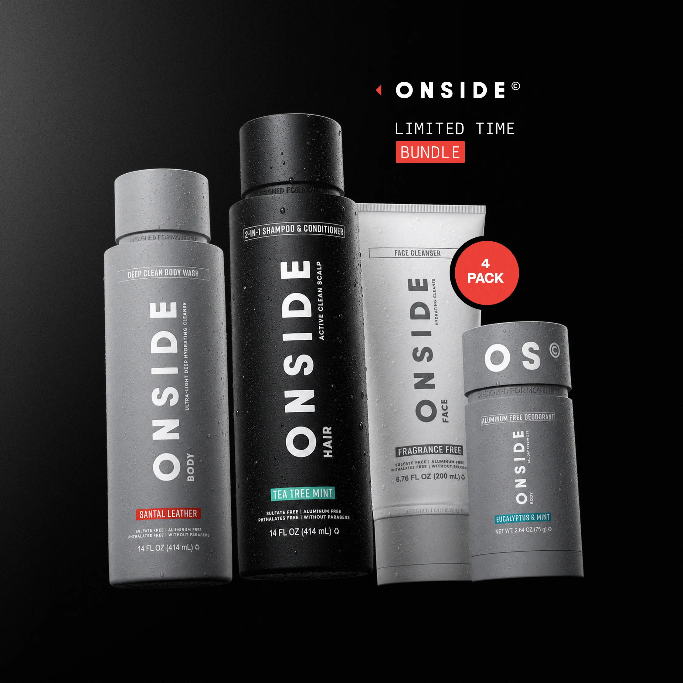 ONSIDE Essentials Bundle | Performance Deodorant, Body Wash, Shampoo & Conditioner 2-in-1, Face Cleanser