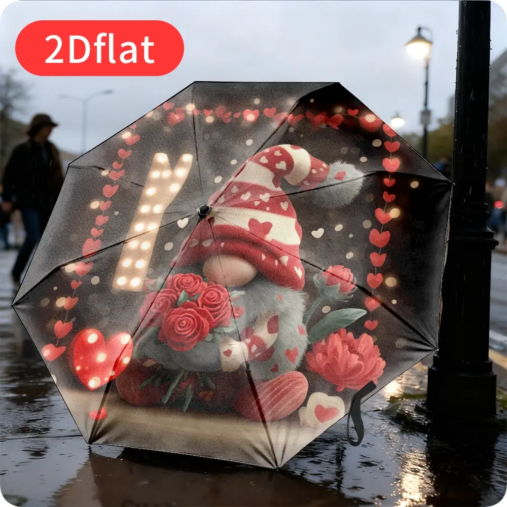 A Valentine's Day folding umbrella featuring an adorable fairy design holding a vibrant rose, set against a backdrop of red hearts and lights. Compact and easy to fold, it's suitable for all occasions, with a durable