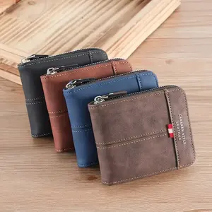 2026 Men's Zipper Short PU Leather Wallet Woven Tape Spliced Leather Vintage Purse Multifunctional and Multi Card ID Money Bag