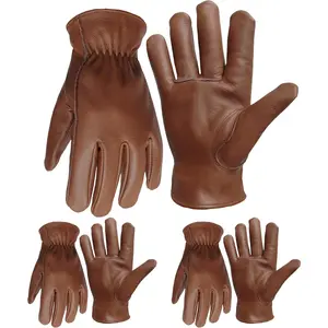3 Pairs Brown Leather Work Gloves For Men Durable Gardening Gloves Driver Gloves