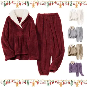 Naeduo  Women's Fluzzy Sherpa Fleece Pajamas Warm Pullover Lapel Sleepwear Sets