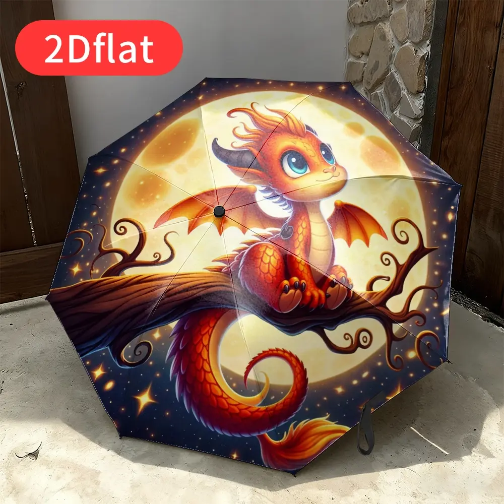 Automatic Open/Close Umbrella Featuring an Adorable Red Dragon and Full Moon Design – Compact Folding Umbrella with a Sturdy 8-Rib Structure, Automatic Open/Close Button Ideal for Travel, Backpacking, Halloween, and