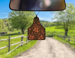 Leather Car Freshener - Cattle Tag w/ Flowers