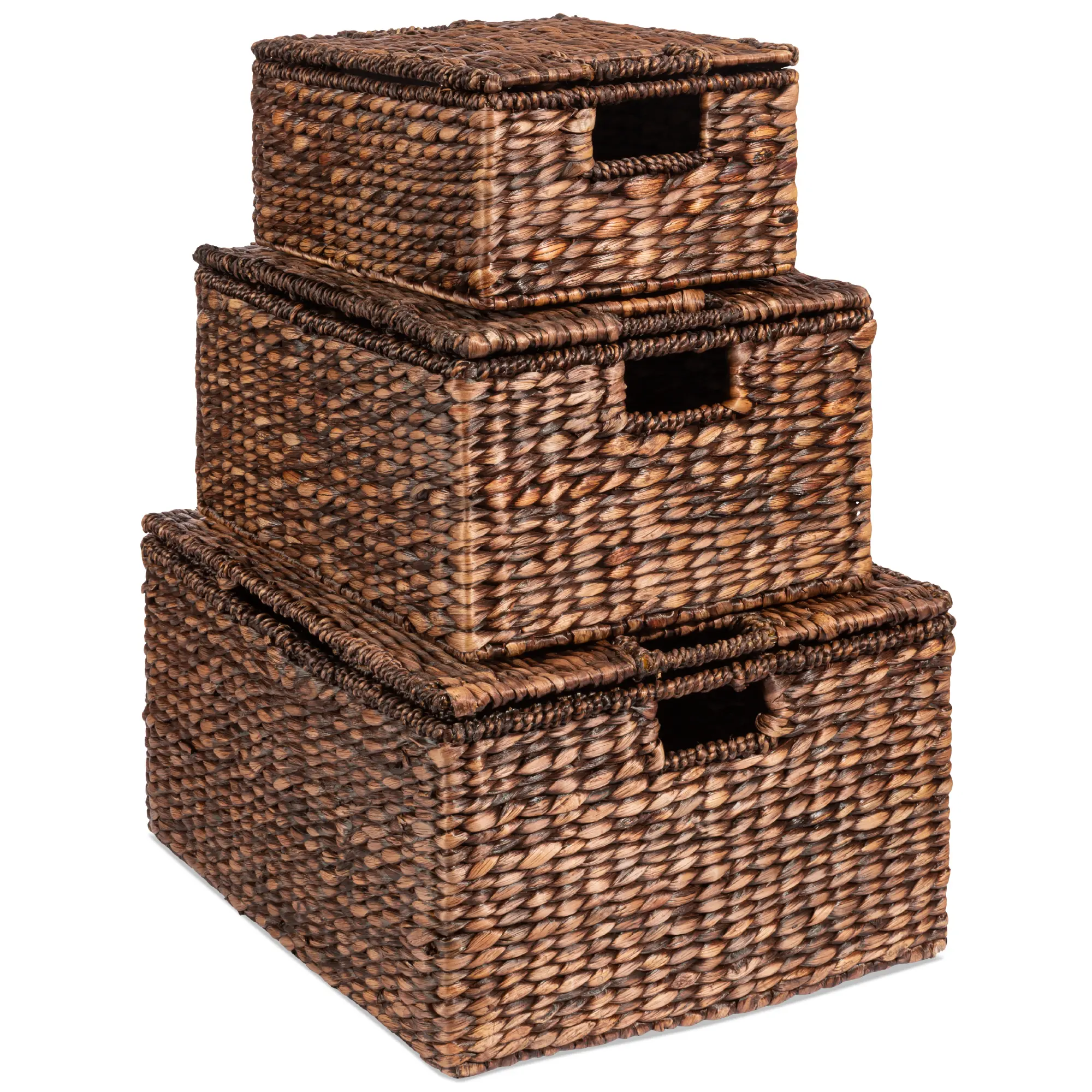 Best Choice Products Set of 3 X-Large, Large, & Medium Woven Storage Baskets W/Lids, Hyacinth Organizer Bins - Brown