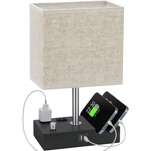 GPED Bedside Table for Bedroom with Dual Fast USB Charging Ports, Fully Dimmable Nightstand Lamps with 2 Phone Stands and 2 Charging Outlets, Desk lamp with Fabric Shade for Living Room