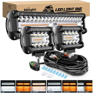 Nilight 12Inch 300W LED Light Bar 2PCS 4Inch 60W Light Pods Amber White Strobe 6 Modes Memory Function Reset Function Off Road Truck with 16AWG Wiring Harness Kit-3 Leads dealsforyoudays