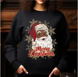 Red Hat Black Santa Christmas Cozy Crewneck Sweatshirt, African American Santa Shirt, Christmas Cute Black Santa Gifts