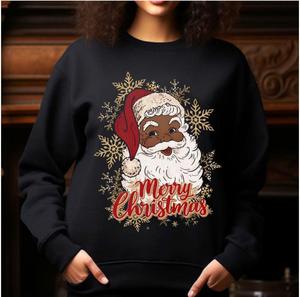 Red Hat Black Santa Christmas Cozy Crewneck Sweatshirt, African American Santa Shirt, Christmas Cute Black Santa Gifts