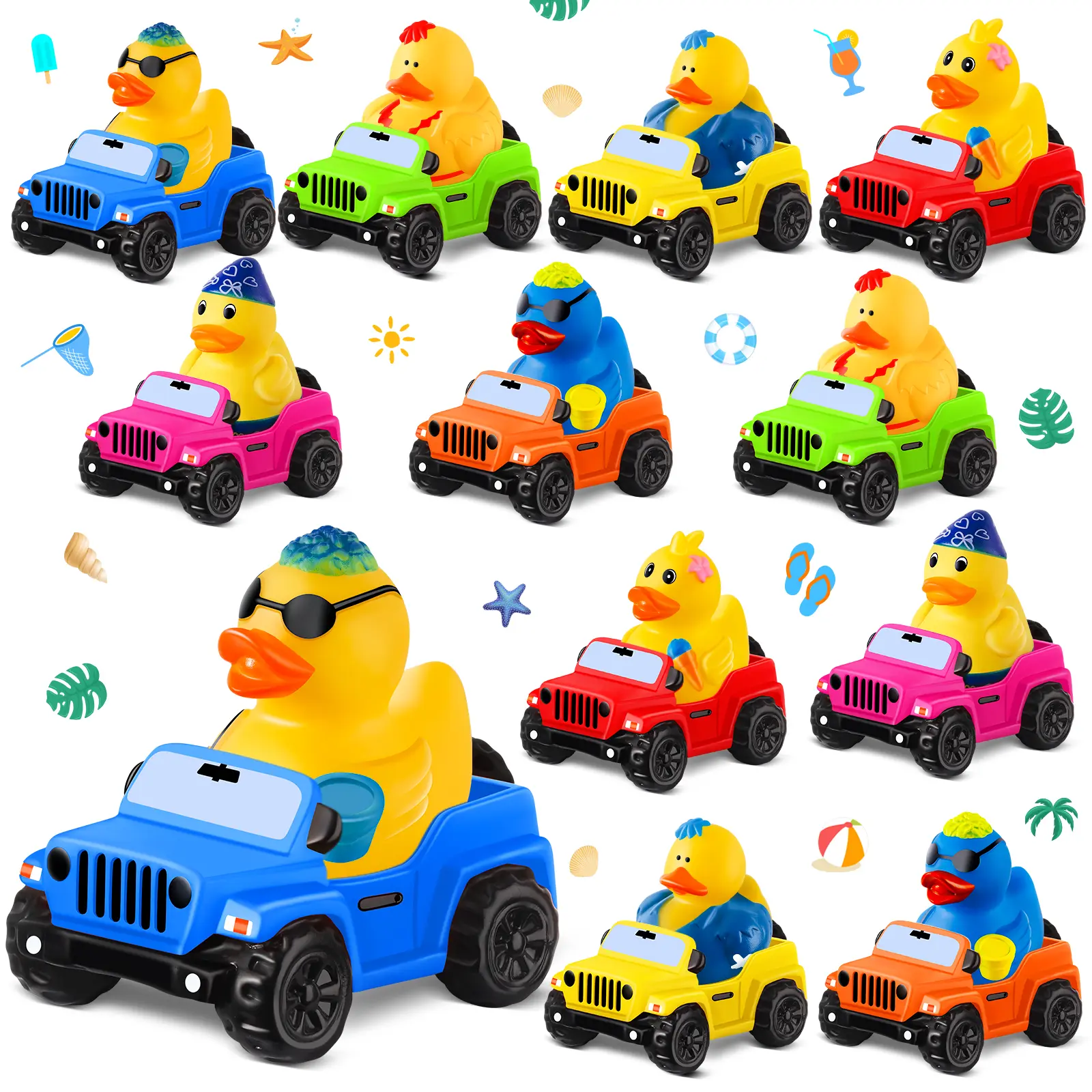 12-Pack Summer Rubber Ducks with Mini Trucks - Jeep Ducking, Cruise Ducking Supplies, Pool Party Favors, Dashboard Decoration, Kids’ Beach Toys, Birthday Prizes for Boys & Girls