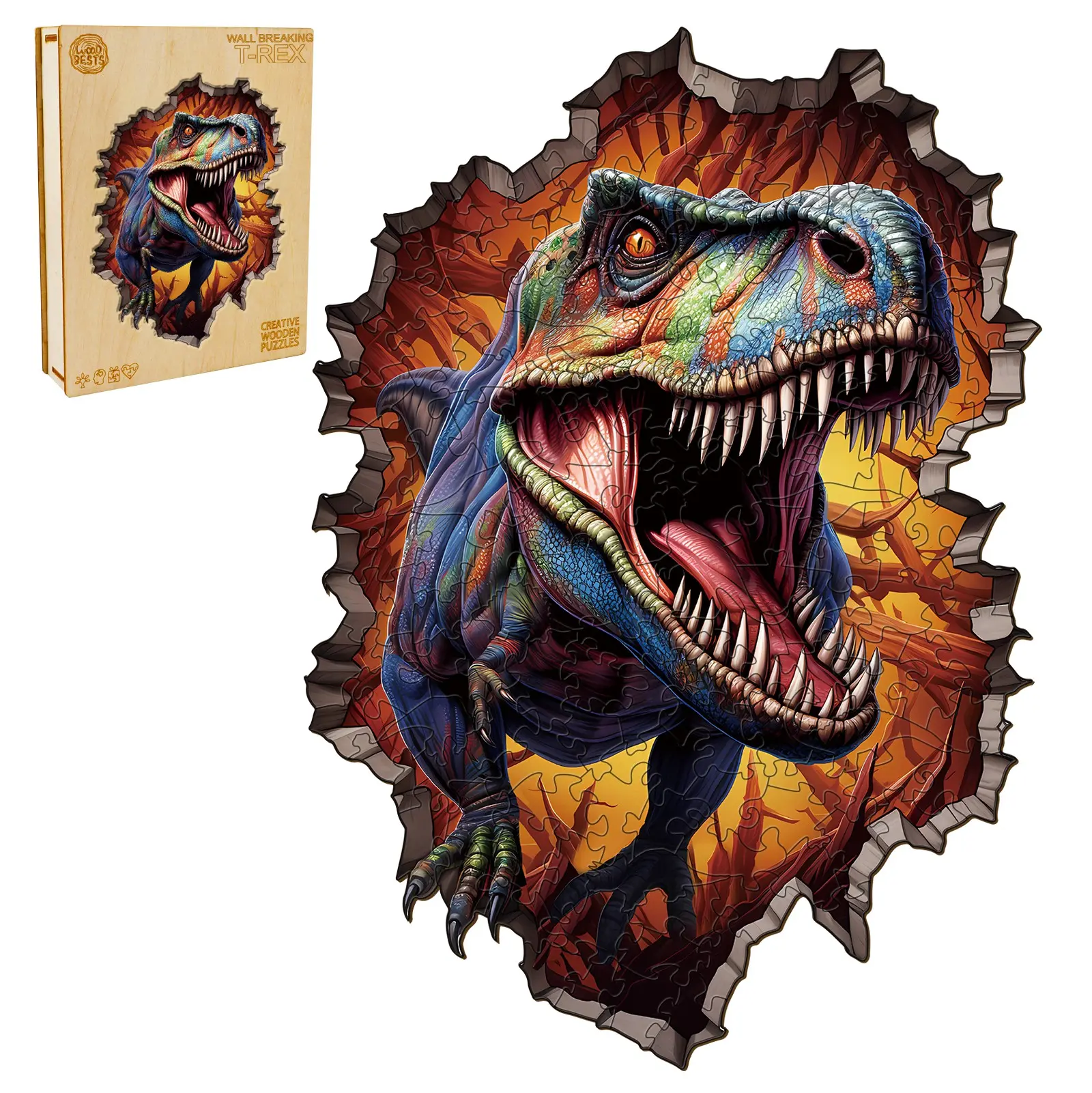 Wall Breaking T-Rex Wooden Jigsaw Puzzle for Adults and Kids Unique Shape Animal Wood Puzzles Challenging Puzzle, Family Game Creative Gifts，Laser-Cut Durable HDF Wood Puzzle Fun