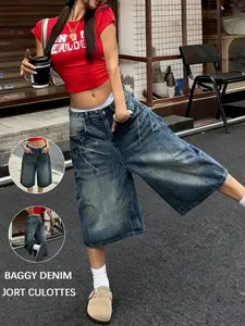Women's Vintage Denim Five-Quarter Pants, Mid Waist Loose-Fit Jeans with Pockets, Casual Knee-Length Shorts for Everyday Wear Womenswear Bottom