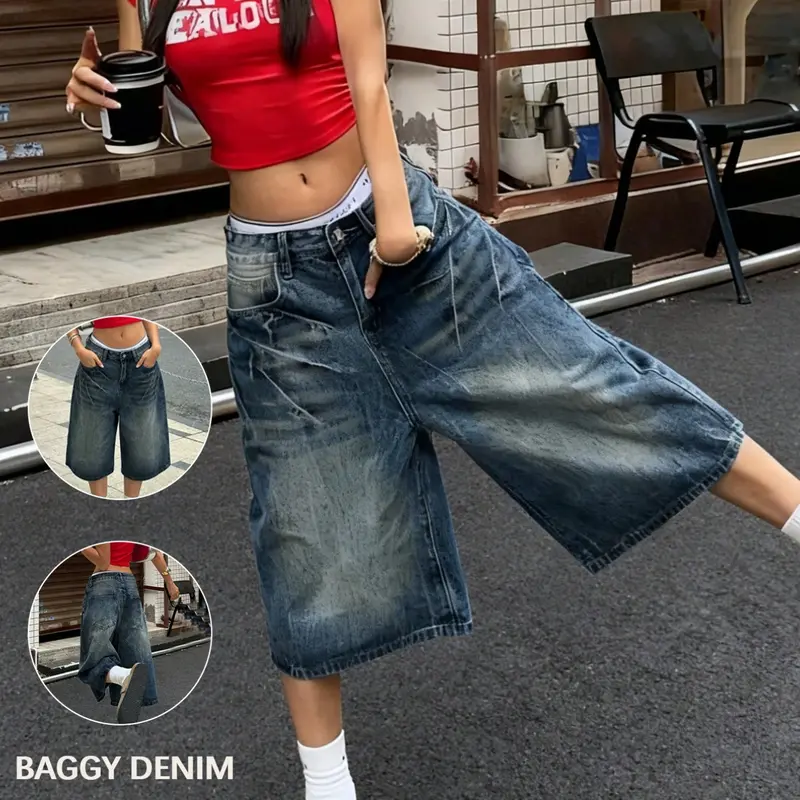 Women's Vintage Five‑Quarter Denim Culottes, Mid Waist Loose-Fit Jeans with Pockets, Casual Knee‑Length Bottoms for Everyday Wear Piece