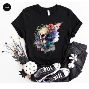 Floral Skull T-Shirt, Boho Outfit, Wild Flowers Shirt, Womens Vneck TShirt, Graphic Tees for Women, Gift for Her, Spring Clothing