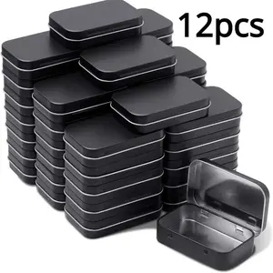 Rectangular Storage Tin Box, 12pcs/set Mini Portable Empty Hinged Tin, Small Storage Container, Home Organizer for Drawing Pin Candies Jewelry Crafts, Stackable Organizer Bins, Durable Storage Organizer