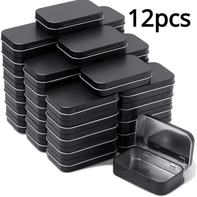 Rectangular Storage Tin Box, 12pcs/set Mini Portable Empty Hinged Tin, Small Storage Container, Home Organizer for Drawing Pin Candies Jewelry Crafts, Stackable Organizer Bins, Durable Storage Organizer, Durable Organizers