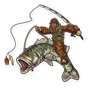 Largemouth Bass Bigfoot Fishing Sticker, Funny Sasquatch Fishing Decal For Fishermen, Waterproof Vinyl Sticker For Tackle Boxes, Coolers, Boats, Car, Gift For Anglers And Fishing Lovers, Laptop Water Bottle Decal