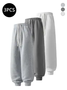 3-pack men’s autumn/winter loose jogger pants, versatile solid-color drawstring long pants, casual drapey wide-leg men’s pants