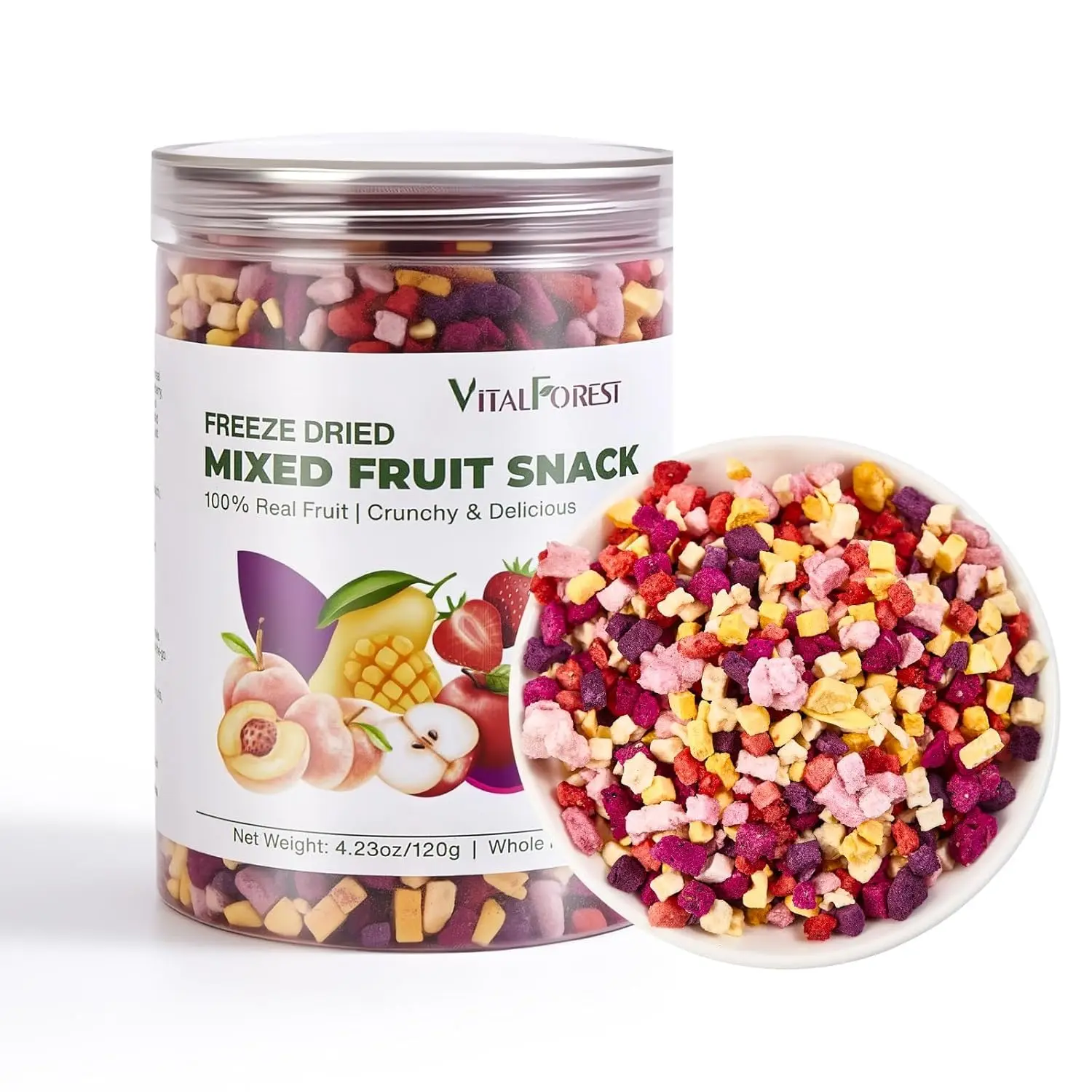 Freeze Dried Mixed Fruit Snacks 4.23oz (120g) Crunchy Fruit Mix with Strawberry, Dragon Fruit, Mango, Peach, Apple & Purple Sweet Potato