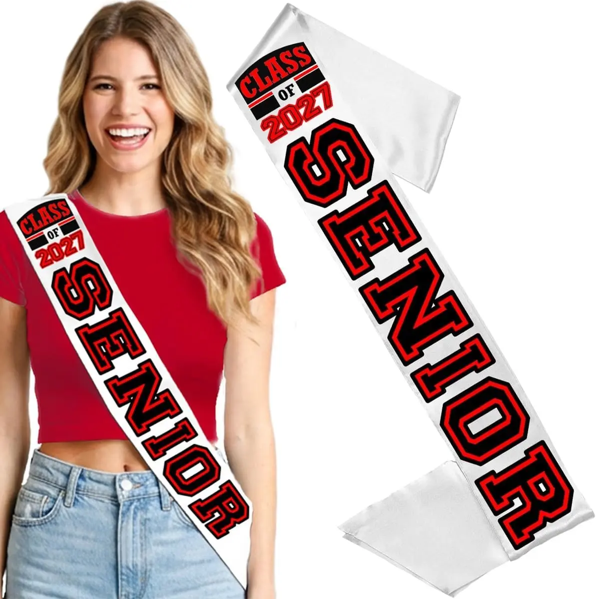 RhinestoneSash Red Senior Class of 2027 Sash - PREMIUM GRADE SATIN Crimson Graduation Sashes - Sports Team