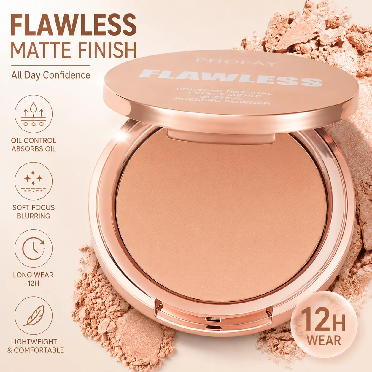 PHOFAY Pressed Finishing Powder, Soft Matte Setting Powder Compact with Oil Control, Long-Lasting Blurring Finish, Lightweight Touch-Up Makeup for Oily & Combination Skin