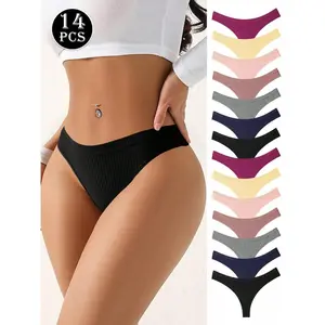 14-Pack Simple Ribbed Women's Underwear Cotton Soft And Comfortable Sexy Thong, Fashionable Solid Color Women's Underwear, XS-XL Size Optional, Spring And Summer Low Waist Seamless Women's Sexy Shorts, Bikini Underwear