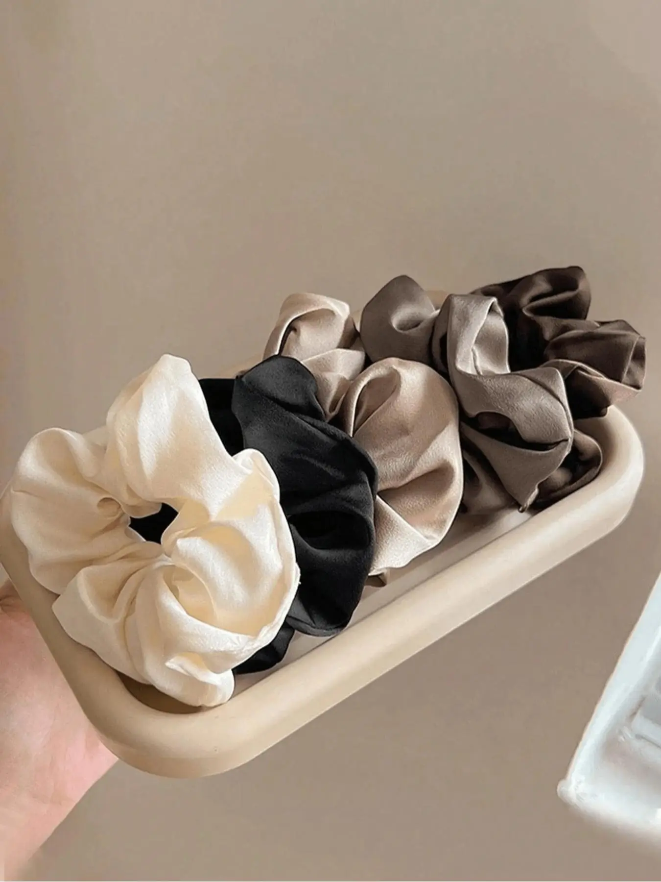 5pcs Classic Black, White & Brown Satin Scrunchies, Elastic Band Scrunchies, Ponytail Holders, 3.35 Inch Diameter, Suitable For Buns, Ponytails, Daily Wear, Travel, Beach, Gifts Hair Accessory Head Accessories Hair Ties Elastic Hair Bands