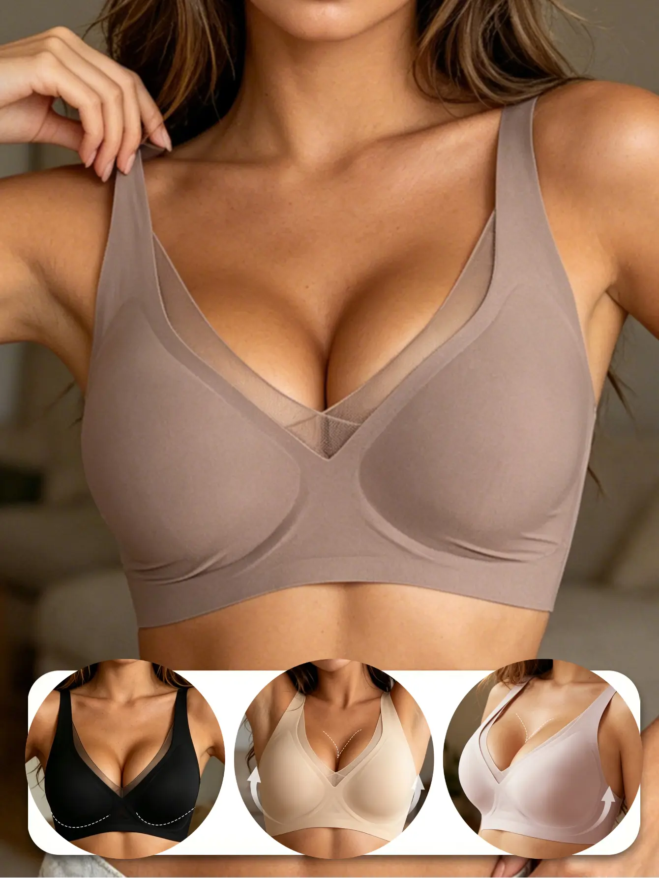 4-Pcs   Women's Jelly Wireless Lace Bralettes - Deep V-Neck, Multiway, Internal Push-Up Support, Buttery-Soft Ultra-Thin Breathable Seamless Everyday Lingerie Undergarment with Essential Fabric Lightweight Womenswear