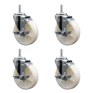 Nylon Swivel Threaded Stem Caster Set of 4 w/5" x 1.25" White Wheels and 3/4" Stems - Includes 4 with Top Lock Brakes - 1200 lbs Total Capacity - Service Caster Brand