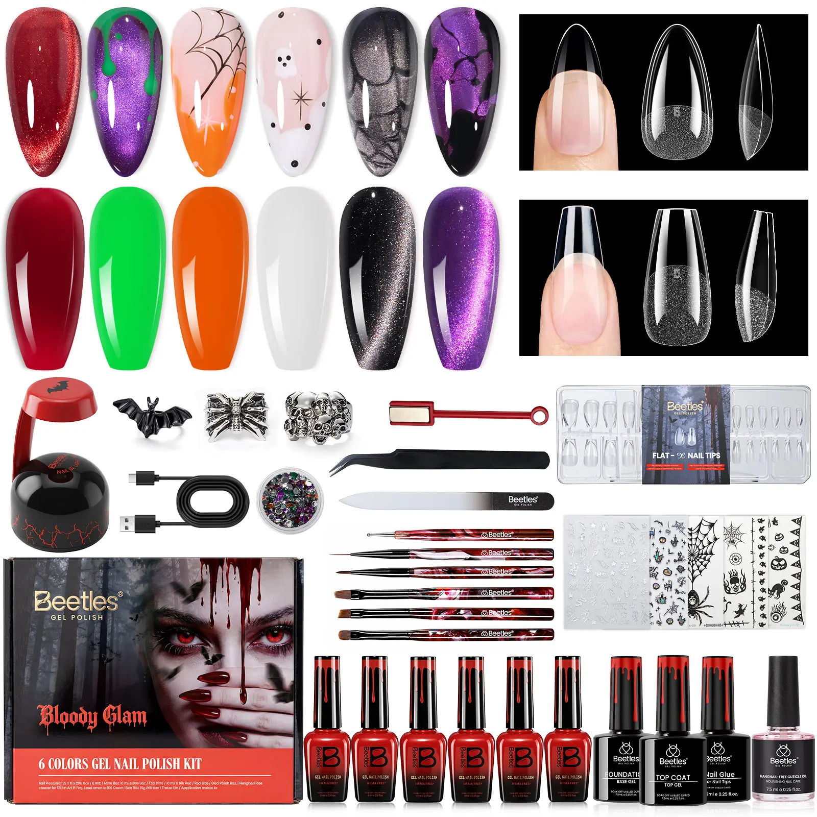 Beetles Vampiric Feast Halloween Gel Nail Polish Gift Box, 6 Colors Bloody Glam Cat Eye Gel Kit with Mini UV Light, Nail Tips, Gothic Design Stickers & Rings, DIY Home Salon Manicure for Halloween Party Nails