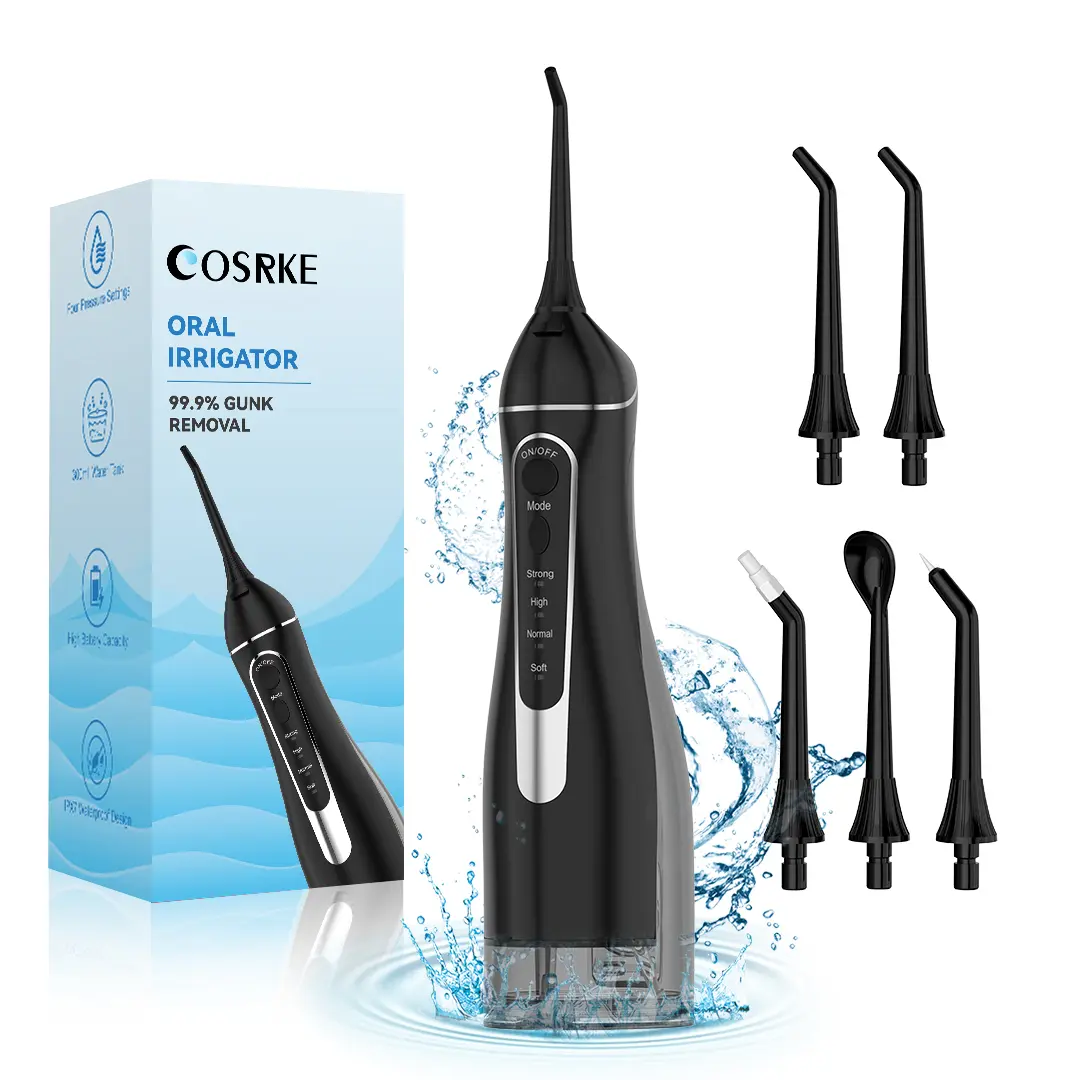 Cordless Water Flosser Oral Irrigator for Teeth Cleansing, Plaque & Tartar Removal, Gingivitis Prevention, Rechargeable Compact Gum Care Device with 300ML Tank, 4 Modes, 5 Nozzles, IPX7 Waterproof, Portable for Travel & Braces - Black (Batteries Included)