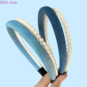 Vintage Female Denim Headband with Double-Layer Pearl Trim - 2025 Fashion Style, Elegant High-End Hair Accessory, Secure Hold for Updos, Daily Wear