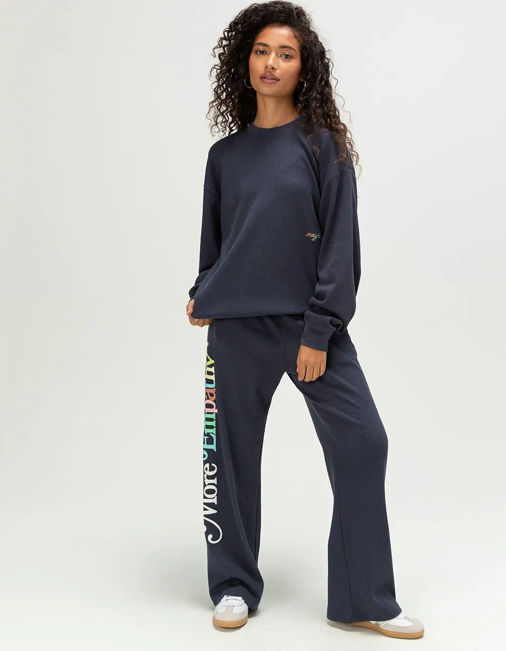 THE MAYFAIR GROUP World Needs More Empathy Womens Wide Leg Waffle Knit Sweatpants