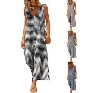 UANEO Women Plaid Button Down Cotton Jumpsuits Sleeveless Casual Wide Leg Checkered Rompers Adjustable Waist Loose Fit Overalls with Pockets Summer Womenswear