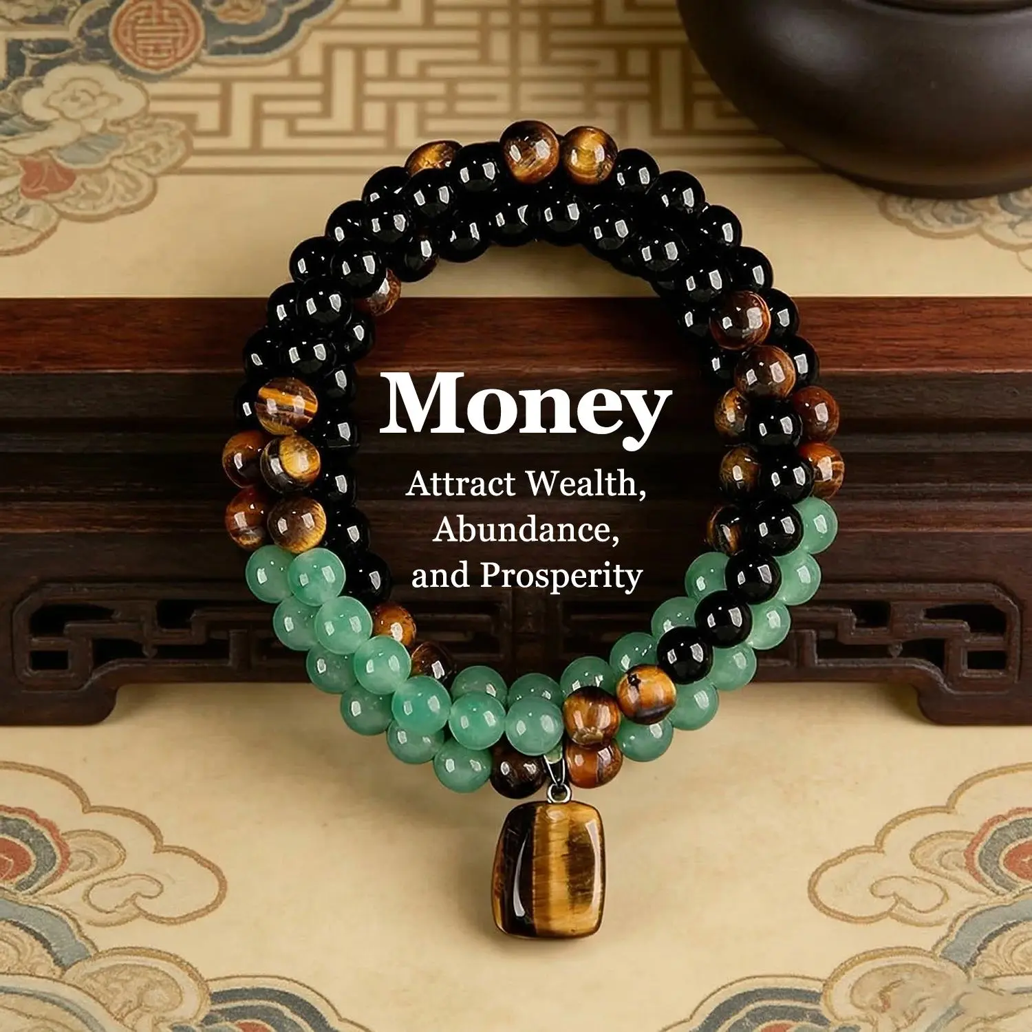 Money Attraction Necklace Set with Green Aventurine & Tiger Eye Pendant Healing Crystal Stone ,Matching Bracelet Wealth Abundance Crystal Jewelry Gift for Men Women