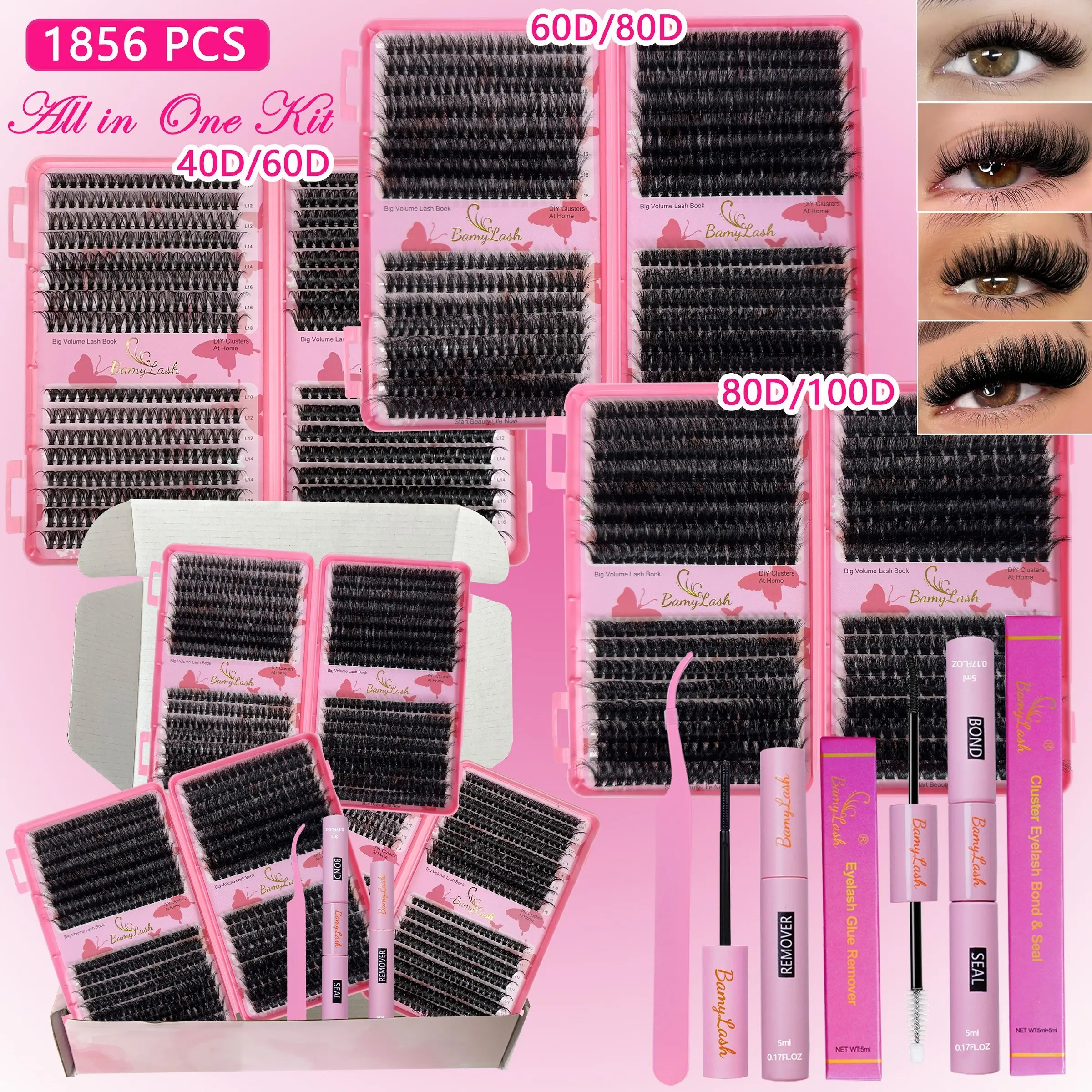 Lash Clusters Kit 10-18mm D Curl, Natural Volume Individual Beginner Friendly Eyelashes, Includes Bond & Seal Remover Applicator, Lash Glue, Perfect for Beginners, DIY at Home Lash Extension for everyday use and make up, Gift for Family and Friend