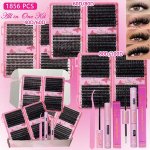 1856 PCS Lash Clusters Kit 10-18mm D Curl 40D 60D 80D 100D Natural Volume Thick Individual Eyelashes Book Set with Bond & Seal Lash Remover Tweezers, Perfect for Beginners, DIY at Home Easily for Women