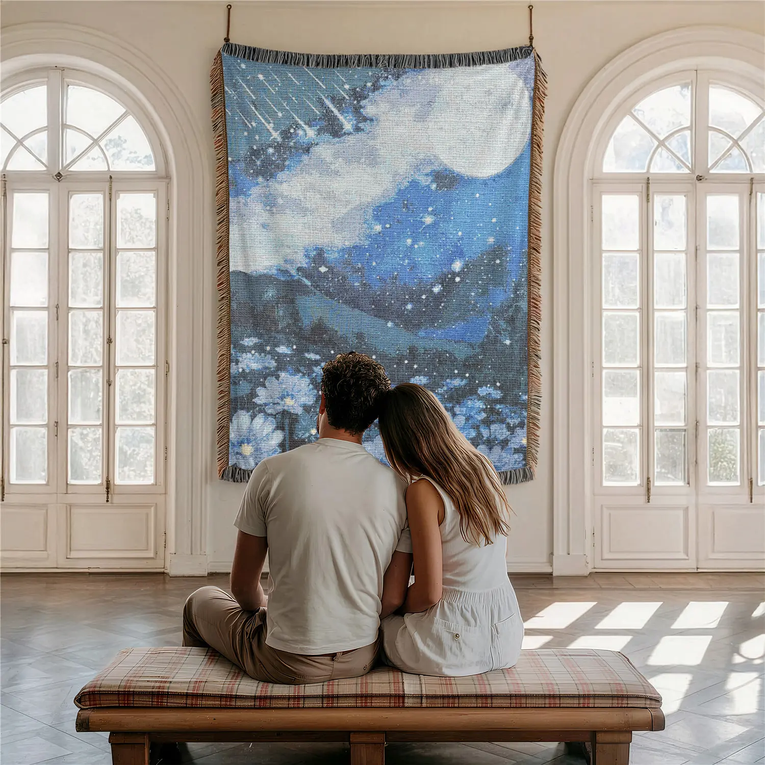 Starflower Pattern Home Decor Yarn Woven Wall Art Tapestry for Bedroom Dorm Living Room- with Fringe Tassels Not Printed - Multipurpose Design Soft Boho H Chair Couch Bed Cover Throw Towel Slipcover Travel Garden Outdoor Camping Picnic Beach