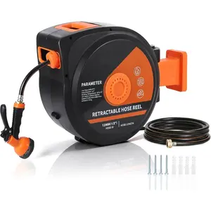 100 Ft X1/2 in Retractable Garden Hose Reel, Wall Mounted Heavy Duty Garden Hose Reel with 10 Spray Nozzle, Slow Retraction System, 180°Swivel Bracket, UV Resistant & 3-Layer Protect