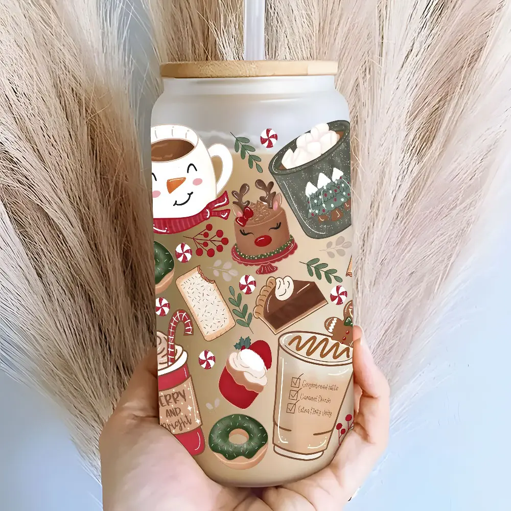 Trendy Cozy Winter Snowman Hot Drink Illustration 16oz Glass Can Cup with Lid and Straw, Reusable Glass Drinking Cup, High-Quality Glass Jar for Iced Coffee, Hot Chocolate, Juice, Cold Drinks, Fashionable Winter Style Glassware, Perfect Gift for Winter