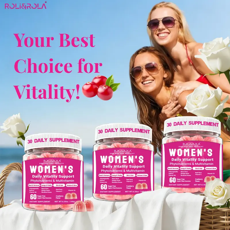 ROLI&ROLA 3 Packs Women's Daily Vitality Liquid-Filled Vitamin Cranberry Flavor Vegan Gummies.B6/D3/E+Saffron/Shilajit/Ashwagandha/Maca Root/Beet Root/Rhodiola.Mood&Hormone Balance/Boost Energy/Help Skin&Hait/Health Bone.Valentine's Day gifts for Women.
