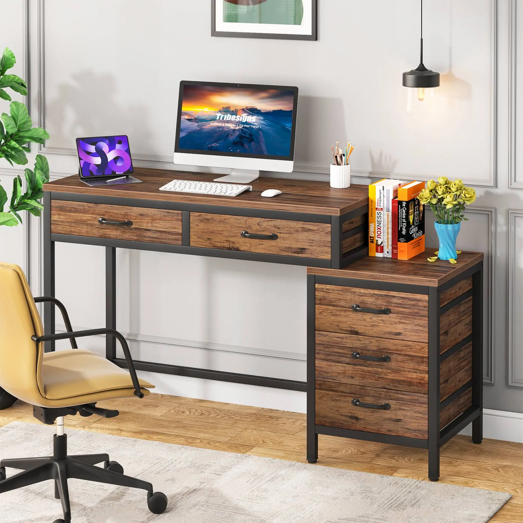 Tribesigns Rustic Classic Vanity Desk Set - Industrial Office Furniture, 5-Drawer Reversible File Cabinet, Printer Stand, Adjustable Compact Particle Board + MDF Storage Computer Desk for Small Home Offices