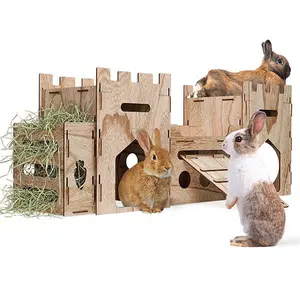 HIIMALEX Extra Large Wooden Bunny Castle House with Hay Feeder & Anti-Slip Ramp Multistory Climbing Tower Hideout Ventilated Sturdy Habitat for Rabbit Guinea Pig Chinchilla Ferret Hedgehog