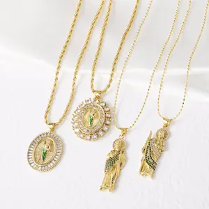 [FLAME] 18K Gold Plated San Judas Tadeo Pendant Necklace, St. Jude Thaddeus Religious Jewelry, Cubic Zirconia Twist Chain, Hypoallergenic for Women