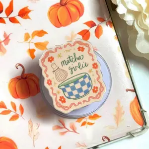 Kawaii Matcha Girlie MagSafe Phone Grip, Magnetic Checkered Blue Bowl Pop Socket, Cute Green Tea Phone Stand Gift